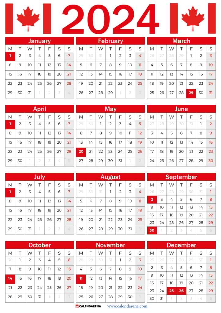 2024 Calendar With Canadian Holidays Printable Checkbox Elna Clerissa