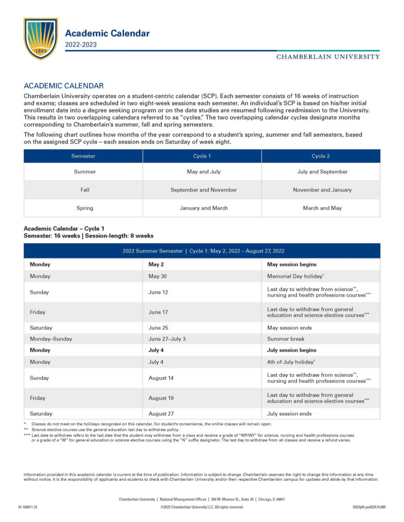 CU Collateral Center Chamberlain University 2022 2023 Academic Calendar 