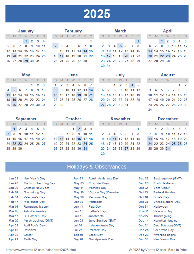 Free Printable 2025 Calendar With Holidays