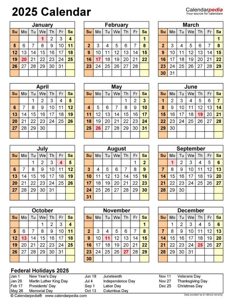 Free Printable 2025 Calendar With Holidays