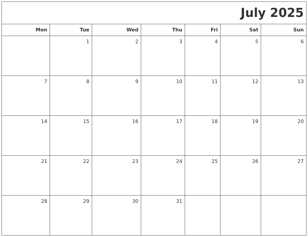 July 2025 Printable Blank Calendar