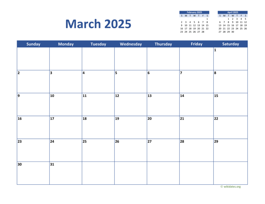 March 2025 Calendar Classic WikiDates