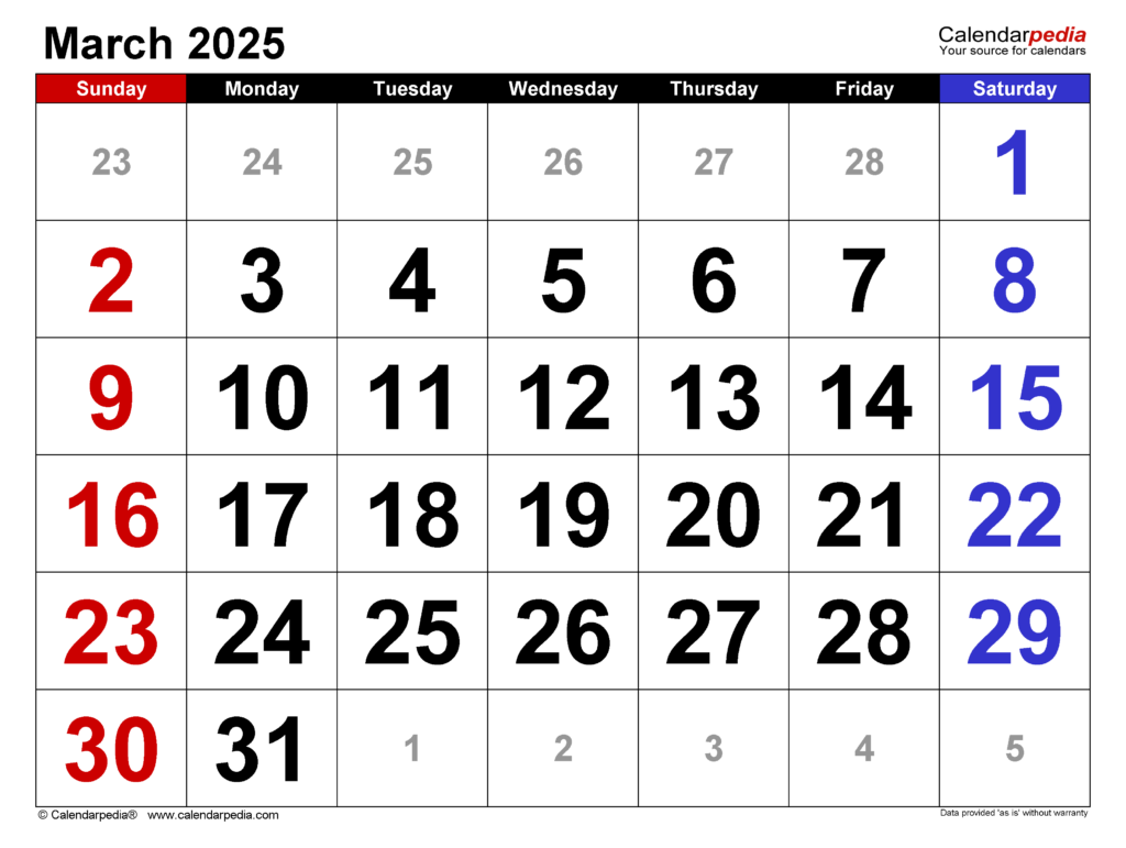 March 2025 Calendar Templates For Word Excel And PDF