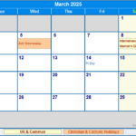 March 2025 UK Calendar With Holidays For Printing image Format