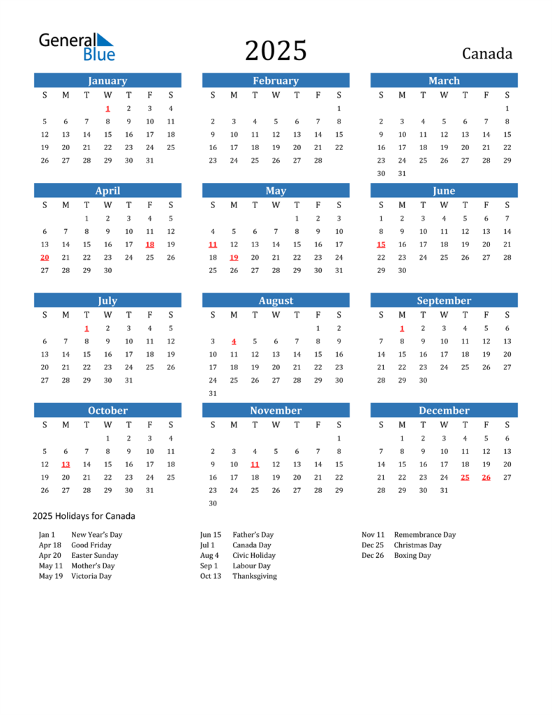 Printable 2025 Calendar Canada With Holidays Editable Calendar