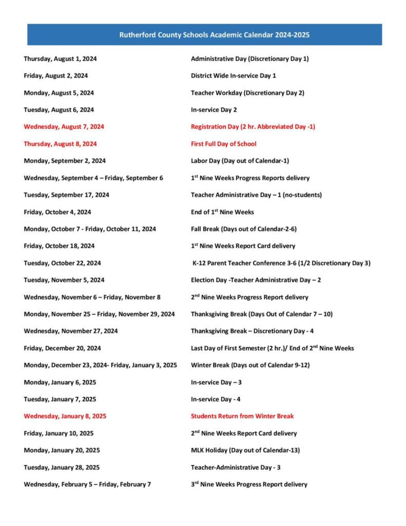 Rutherford County Schools Calendar Holidays 2024 2025 PDF