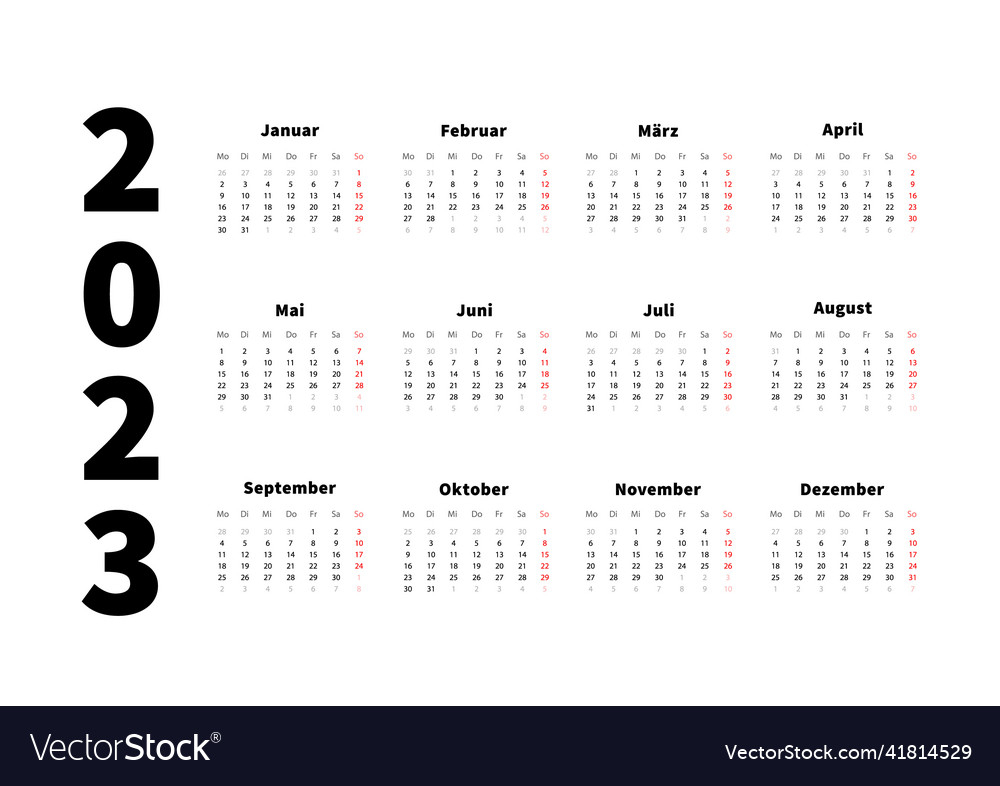 2023 Year Simple Horizontal Calendar In German Vector Image