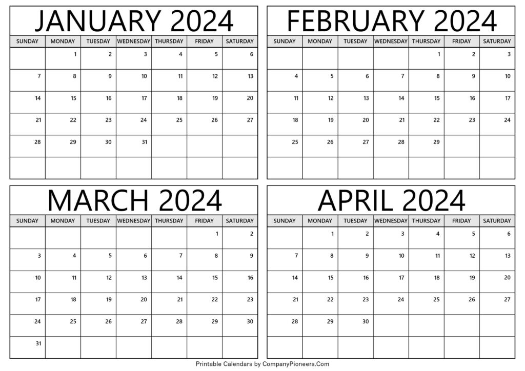 2024 Calendar January To April Beryl Chantal