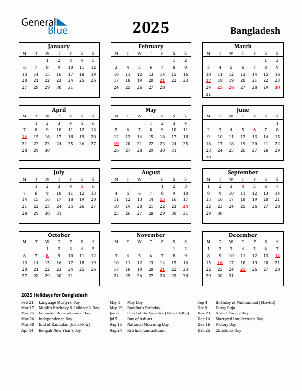 2025 Bangladesh Calendar With Holidays