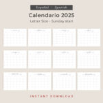 2025 Calendario 2025 Calendario Mensual Imprimible 2025 Elegante