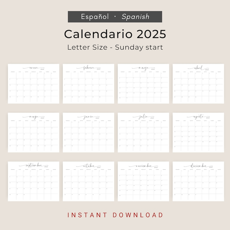 2025 Calendario 2025 Calendario Mensual Imprimible 2025 Elegante 