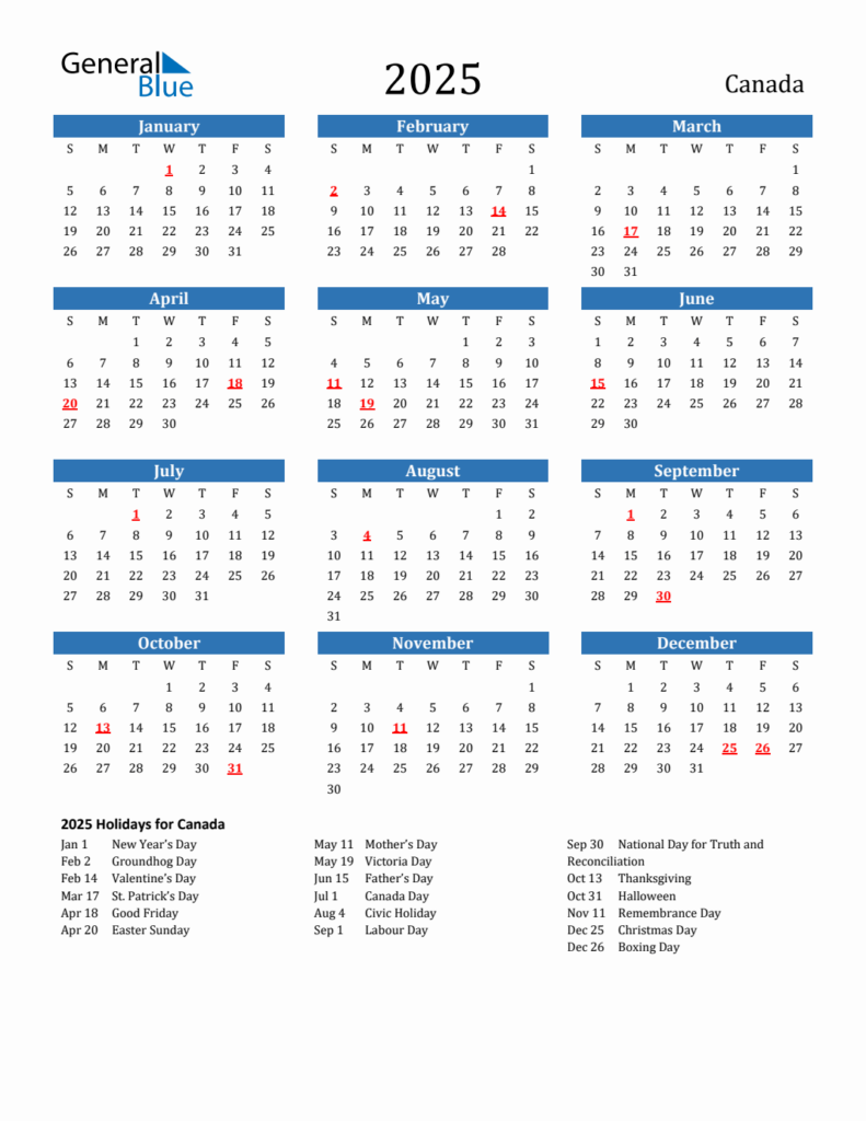 2025 Canada Calendar With Holidays