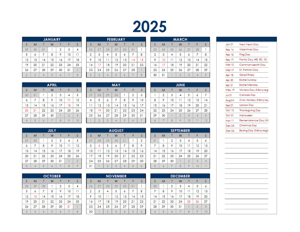 2025 Canadian Calendar With Holidays Design Printable Calendar 2025