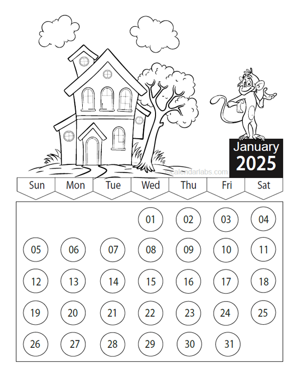 2025 Kids Cartoon Character Coloring Calendar Free Printable Templates