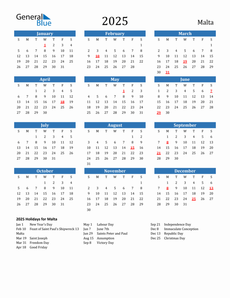 2025 Malta Calendar With Holidays