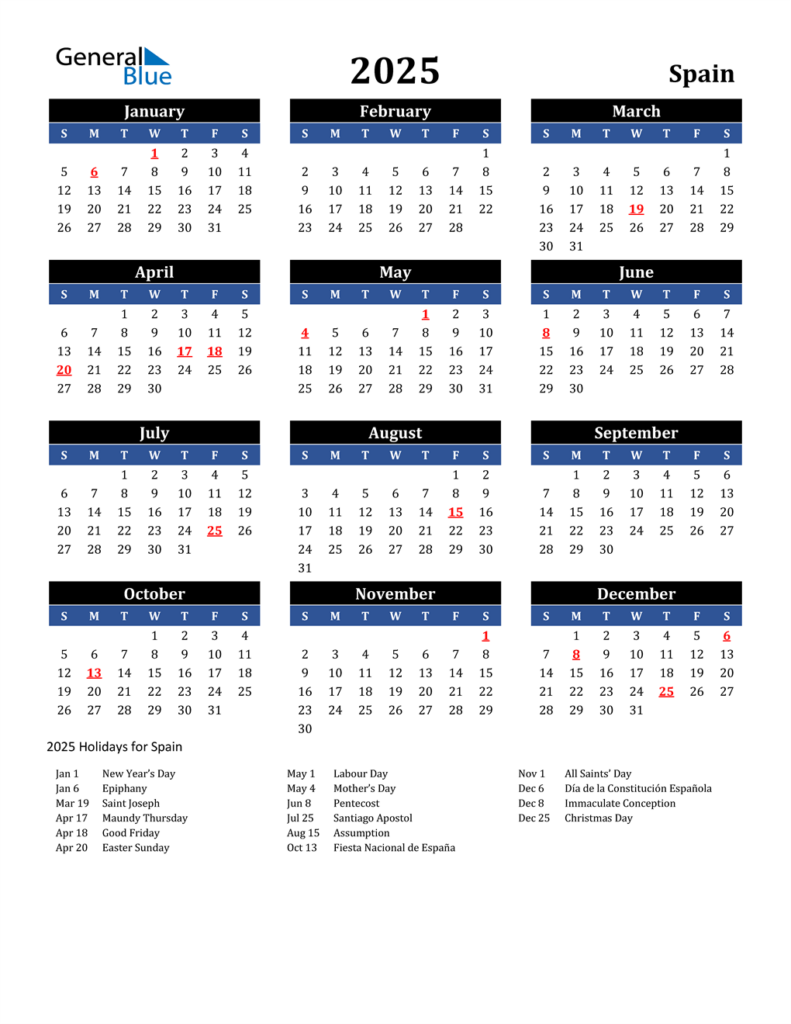 2025 Spain Calendar With Holidays