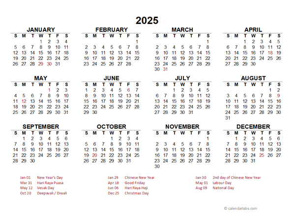 2025 Year At A Glance Calendar With Singapore Holidays Free Printable 