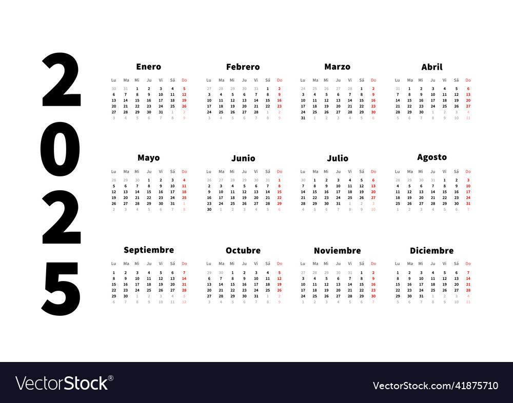 2025 Year Simple Horizontal Calendar In Spanish Vector Image