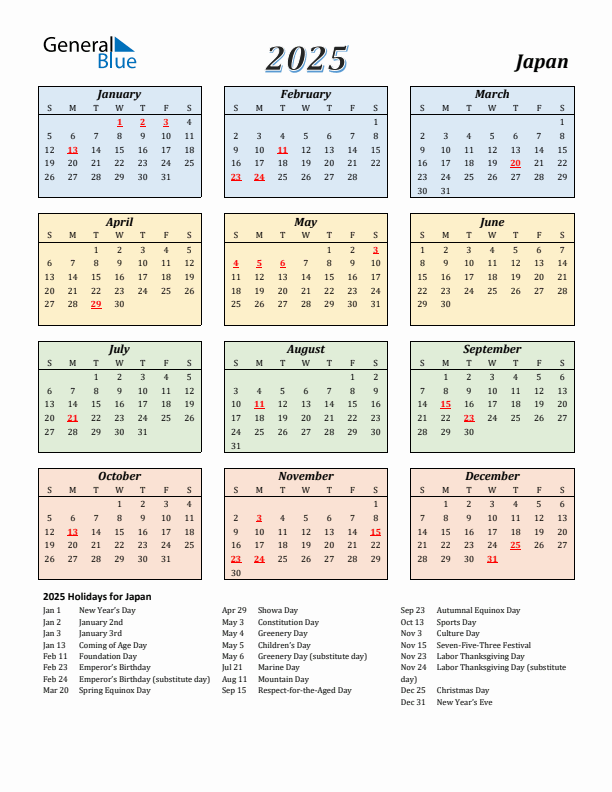 2025 Yearly Calendar For Japan With Holidays