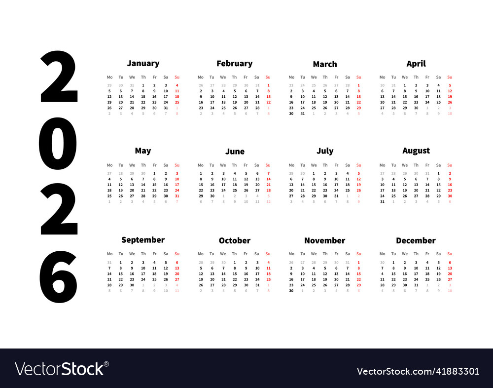 2026 Year Simple Horizontal Calendar In English Vector Image