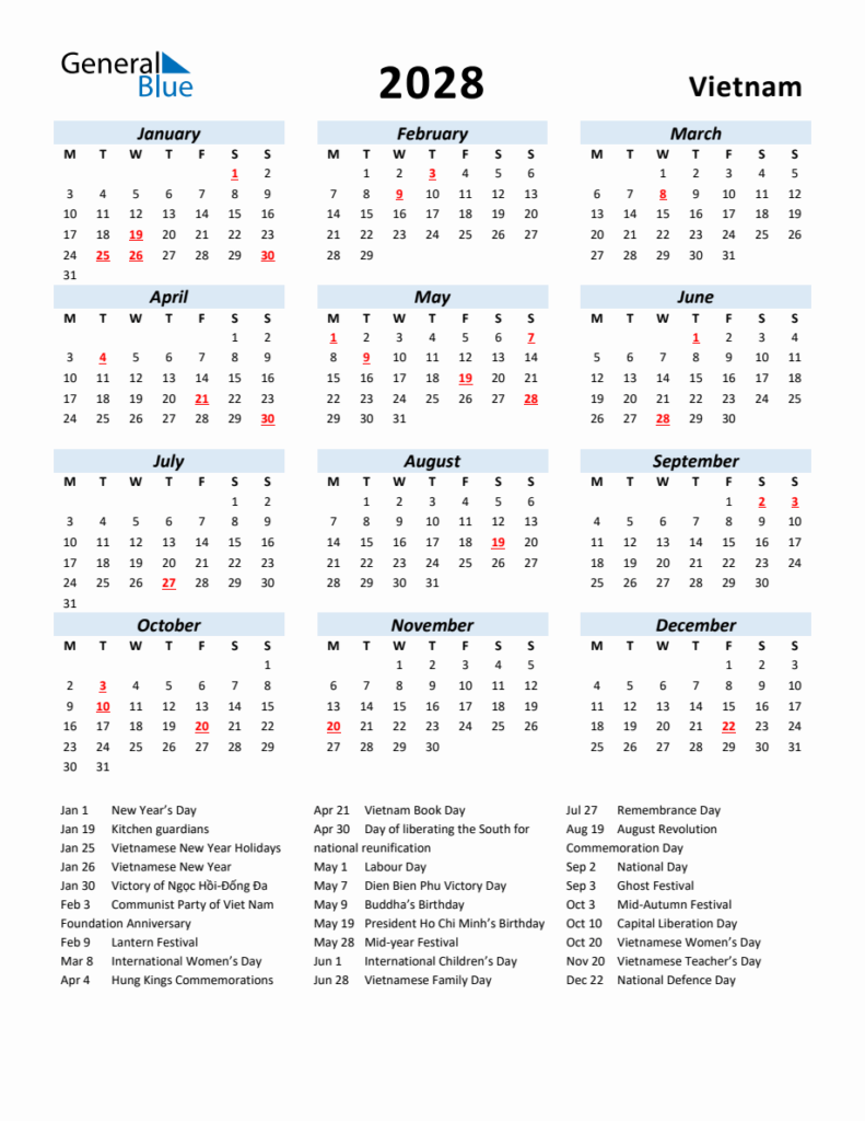 2028 Yearly Calendar For Vietnam With Holidays