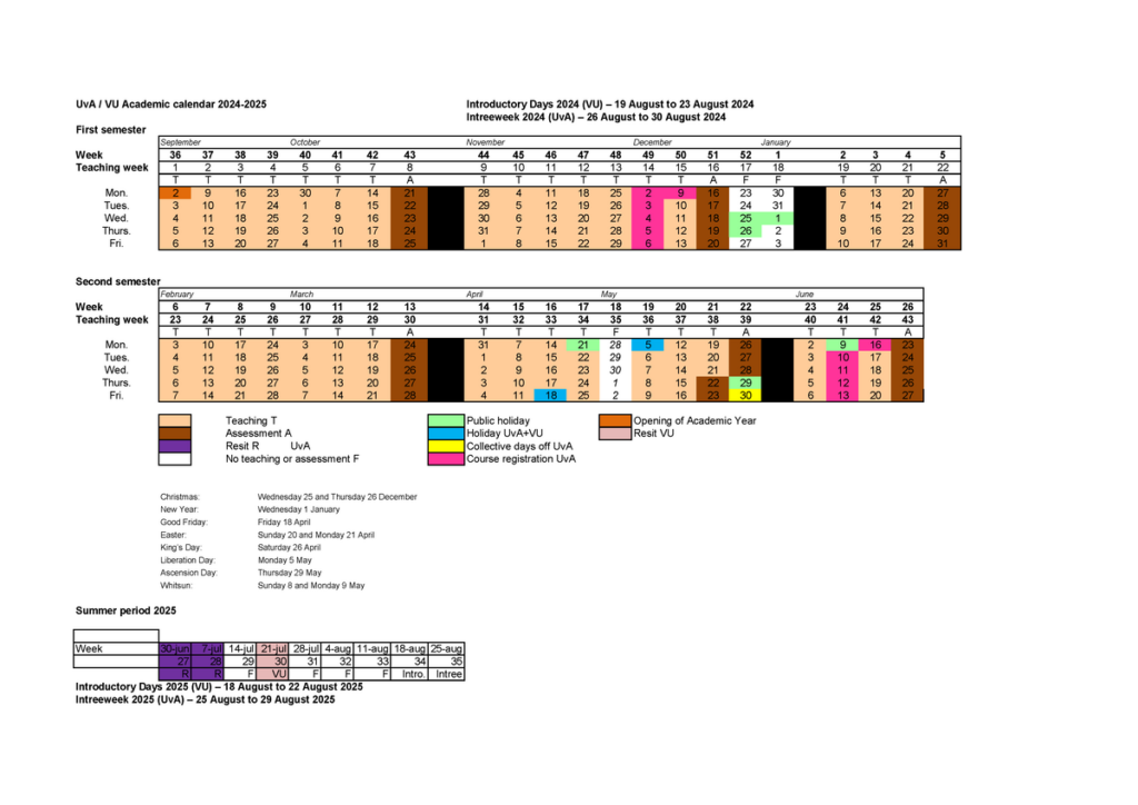 Academische kalender en 2024 2025 UvA VU Academic Calendar 2024 