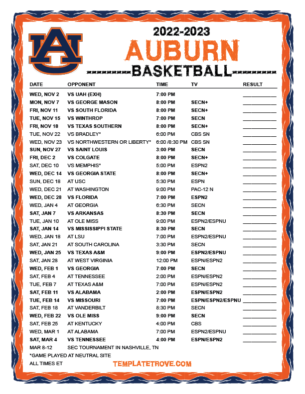 Auburn 2025 Football Schedule Printable Free Download Jason Bailey