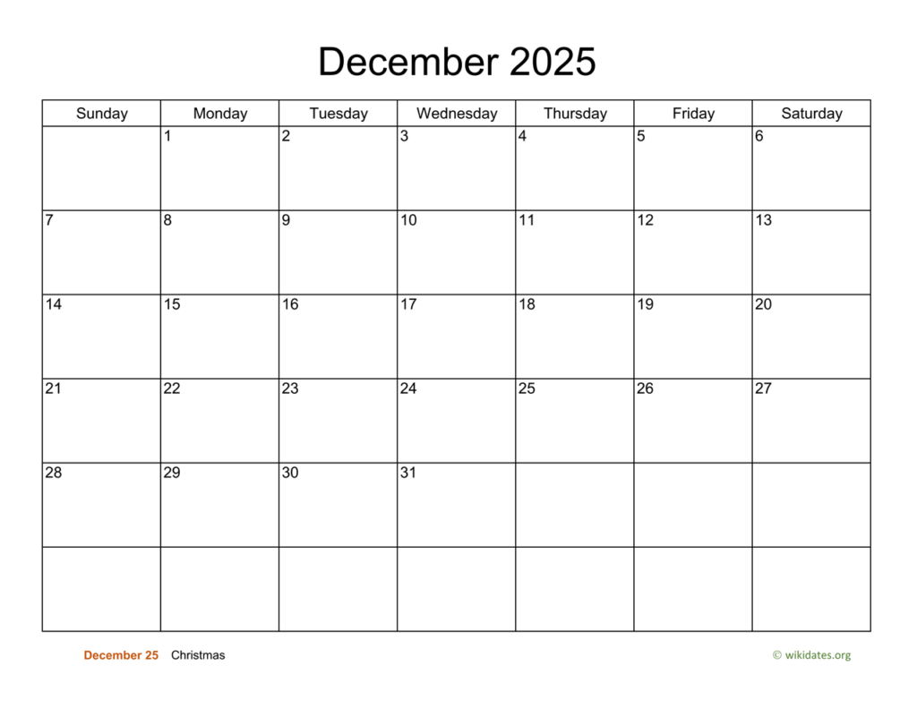 Basic Calendar For December 2025 WikiDates