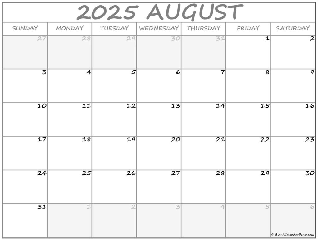 Blank August Calendar 2025 Printable Deva Muffin