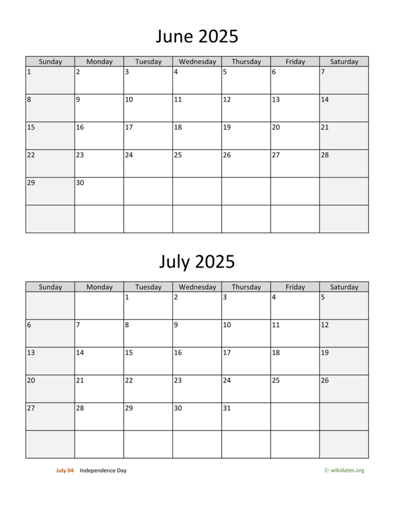 Blank Calendar Template 2025 June And July Lucia Rivalee