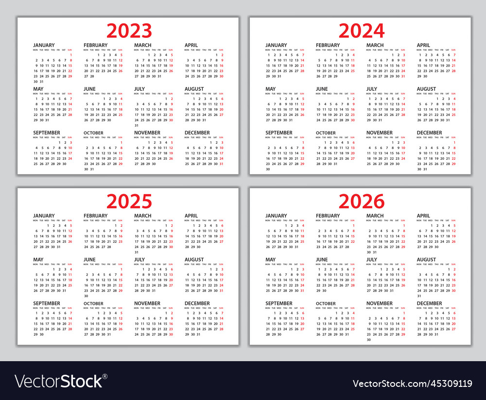 Calendar 2023 2024 2025 2026 Template Planner Vector Image