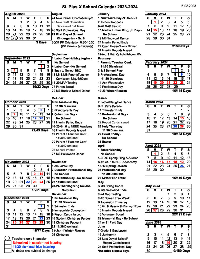 Calendar 2023 2024 St Pius X School