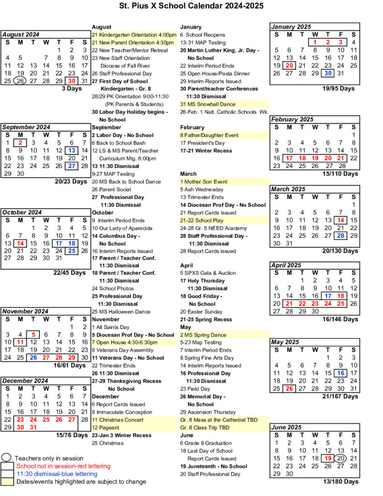 Calendar 2024 2025 St Pius X School