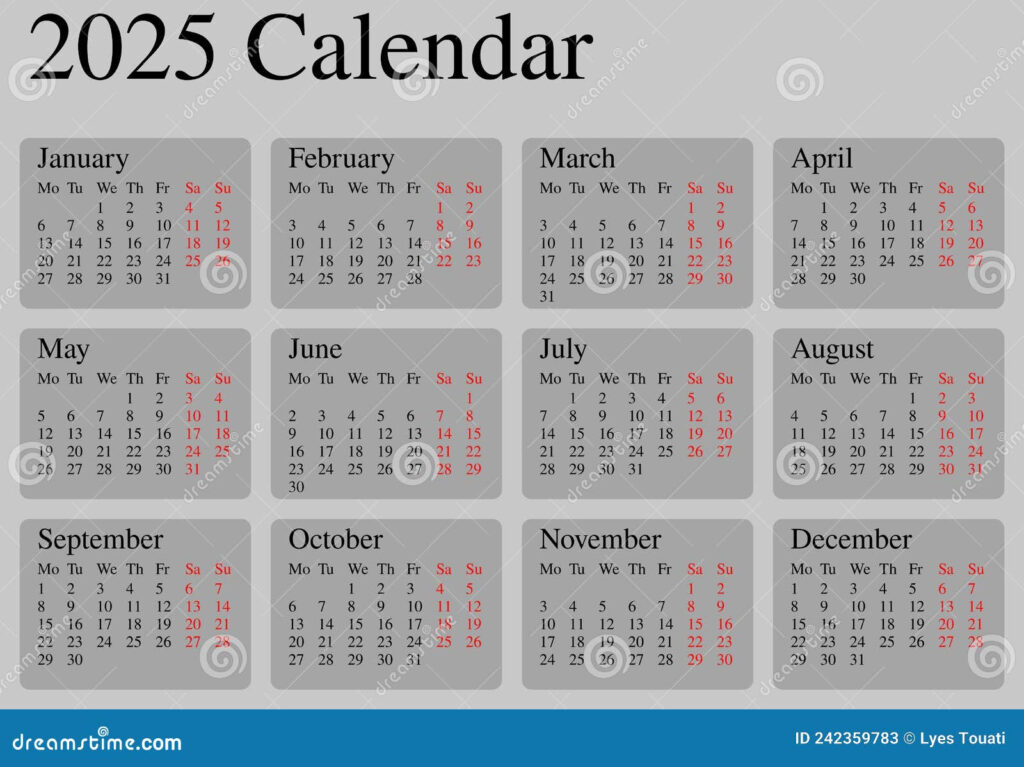 Calendar 2025 Not Colored Grey Squared Months Stock Illustration 