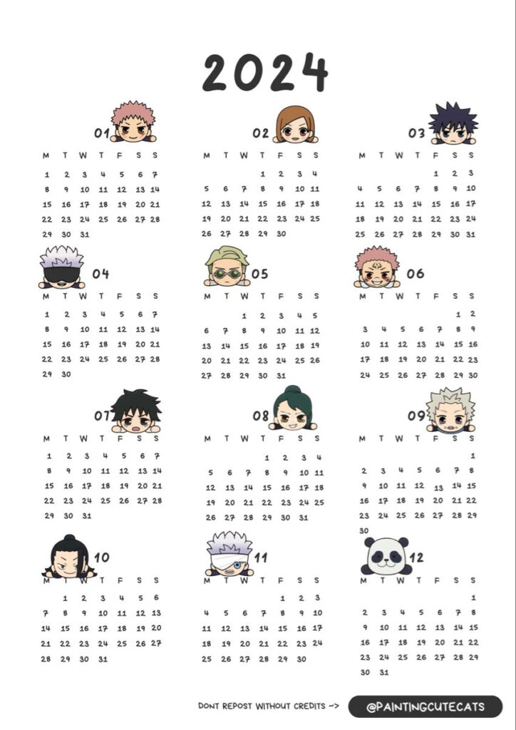 Chibi 2024 Calendar Of Jujutsu Kaisen Cute Doodles Anime Printables 