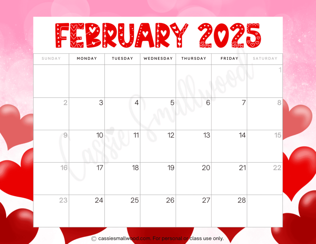 Cute February 2025 Calendar Free Printable Lynea Sharon