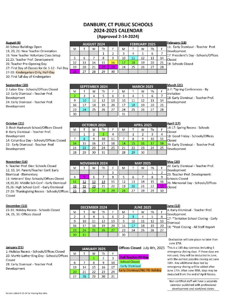 Danbury Public Schools Calendar Holidays 2024 2025 In PDF