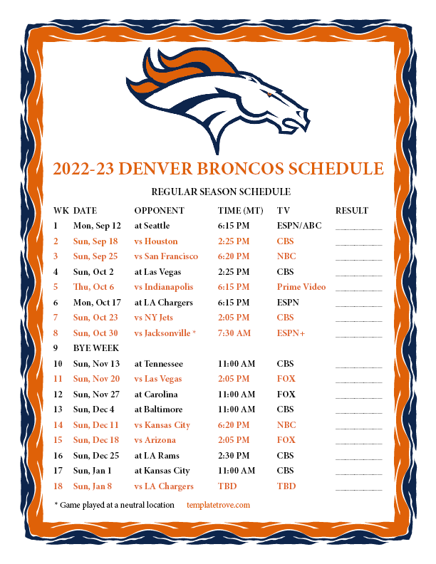 Denver Broncos Schedule 2024 2025 Printable