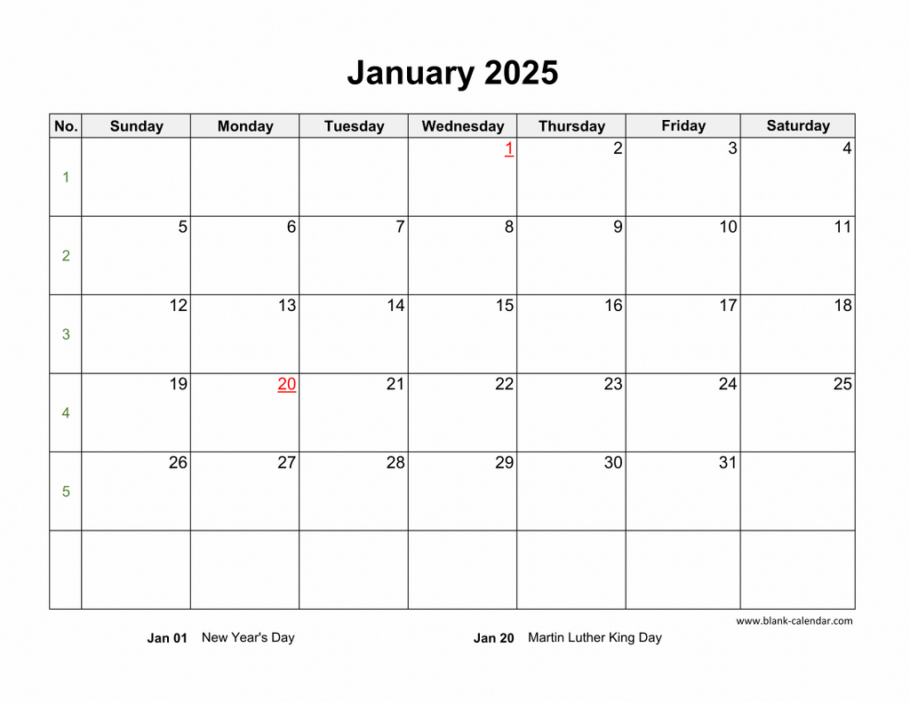 Download January 2025 Blank Calendar horizontal 