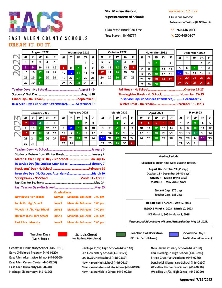 East Allen County Schools Calendar CountyCalendars