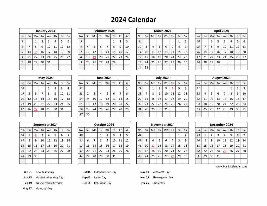 Free Printable 2024 Calendar One Page With Holidays Shina Dorolisa