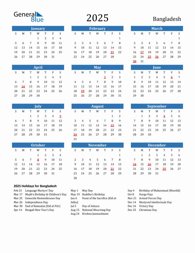 Holiday Calendar 2025 Bangladesh Calendar January 2025 Printable