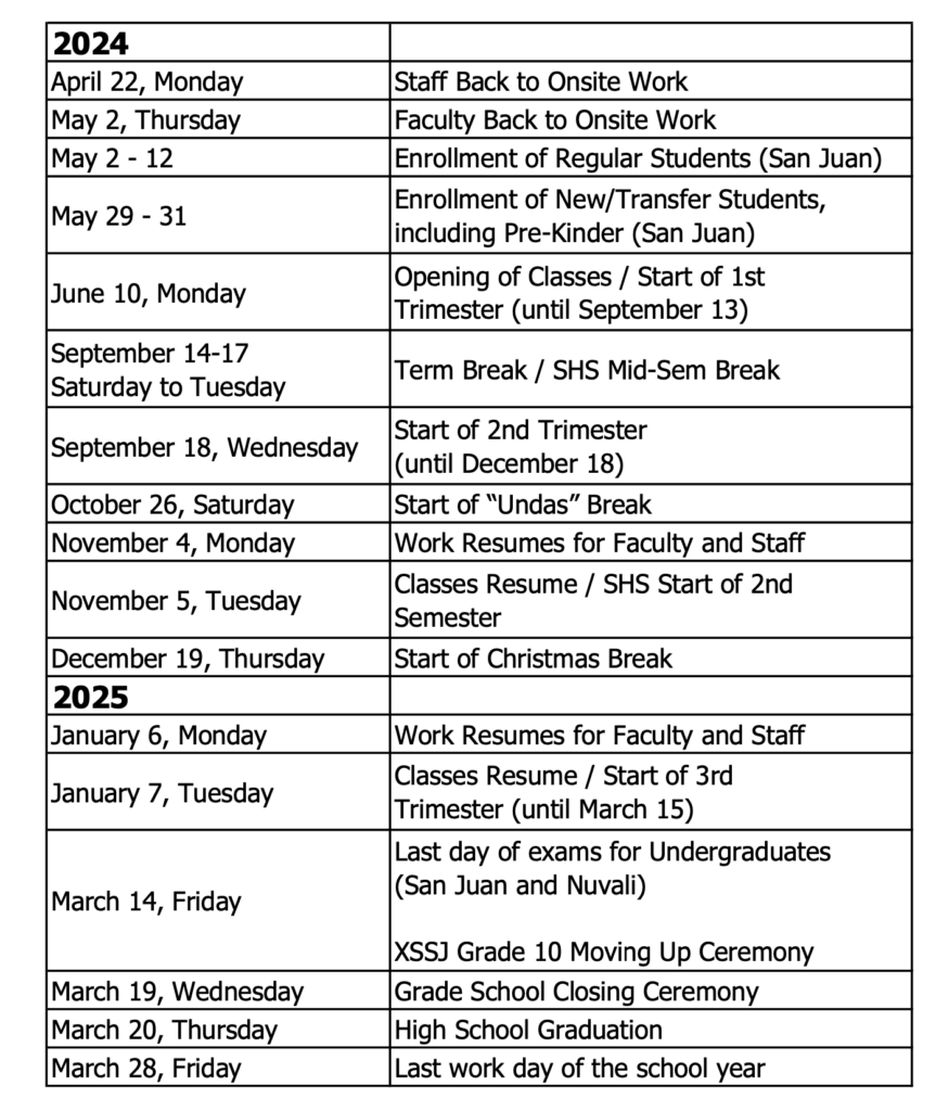 Important Dates For SY 2024 2025