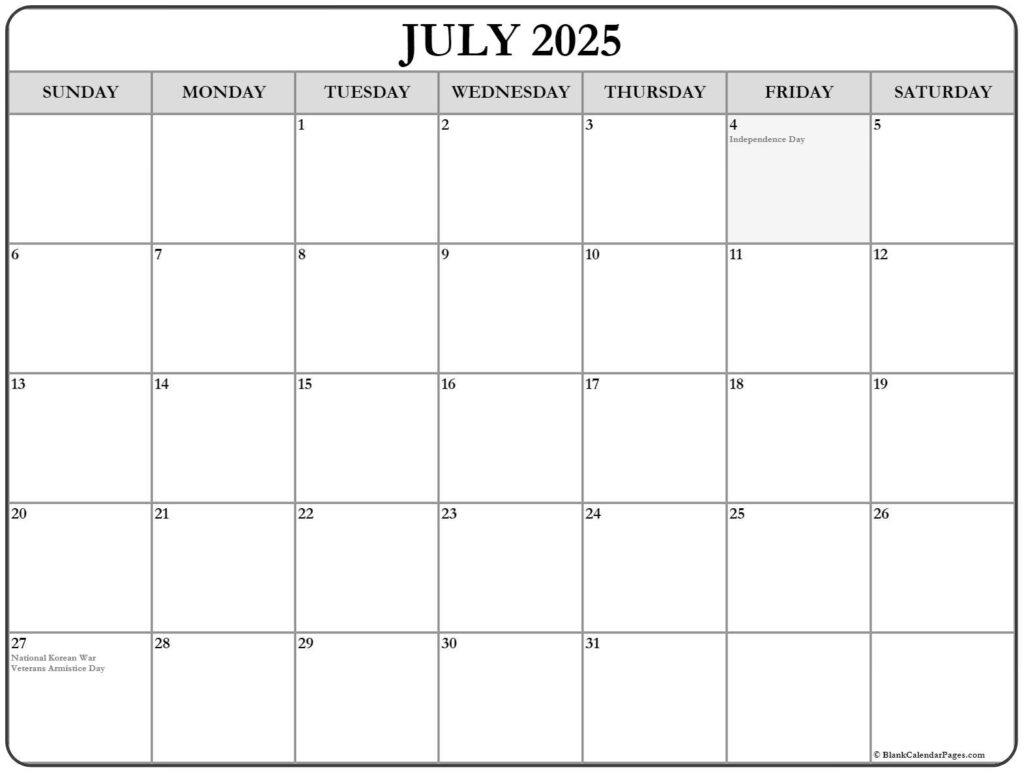 July 2025 With Holidays Calendar