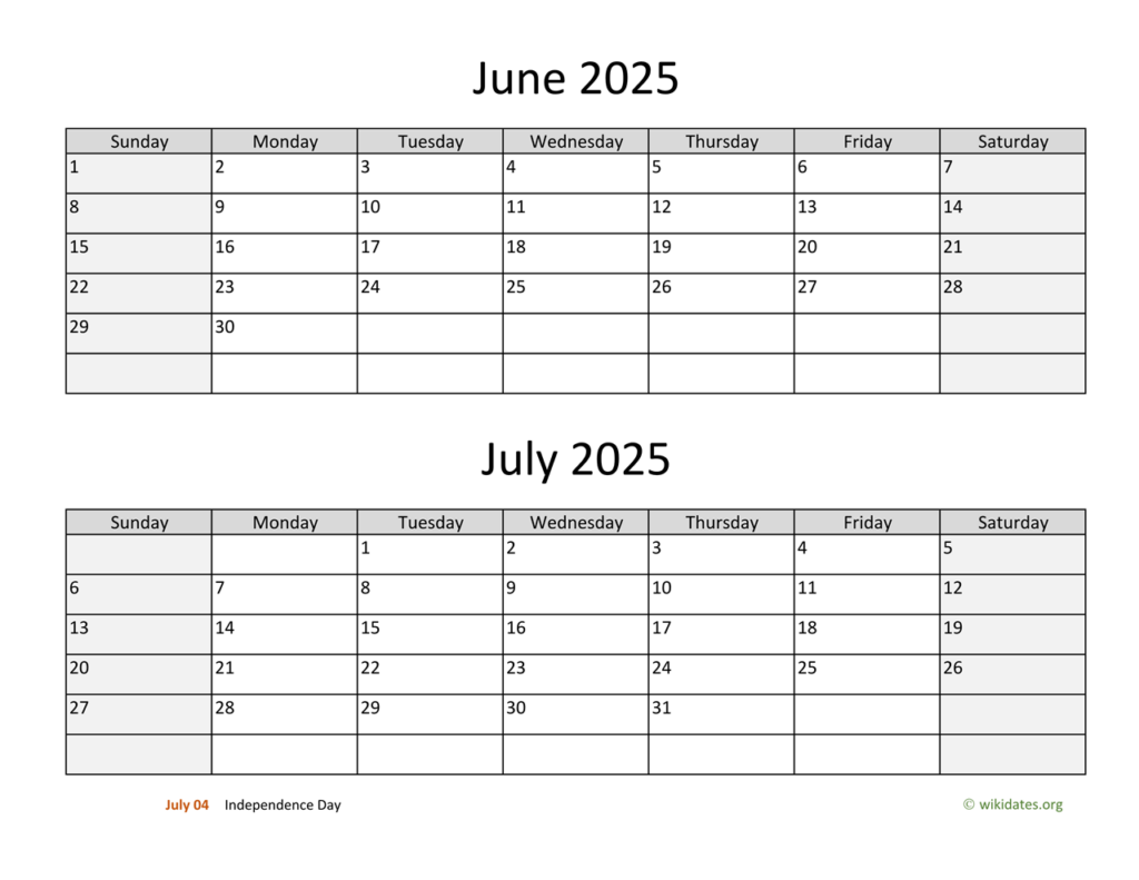 June 2025 And July 2025 Calendar Week Number Betsey Korrie