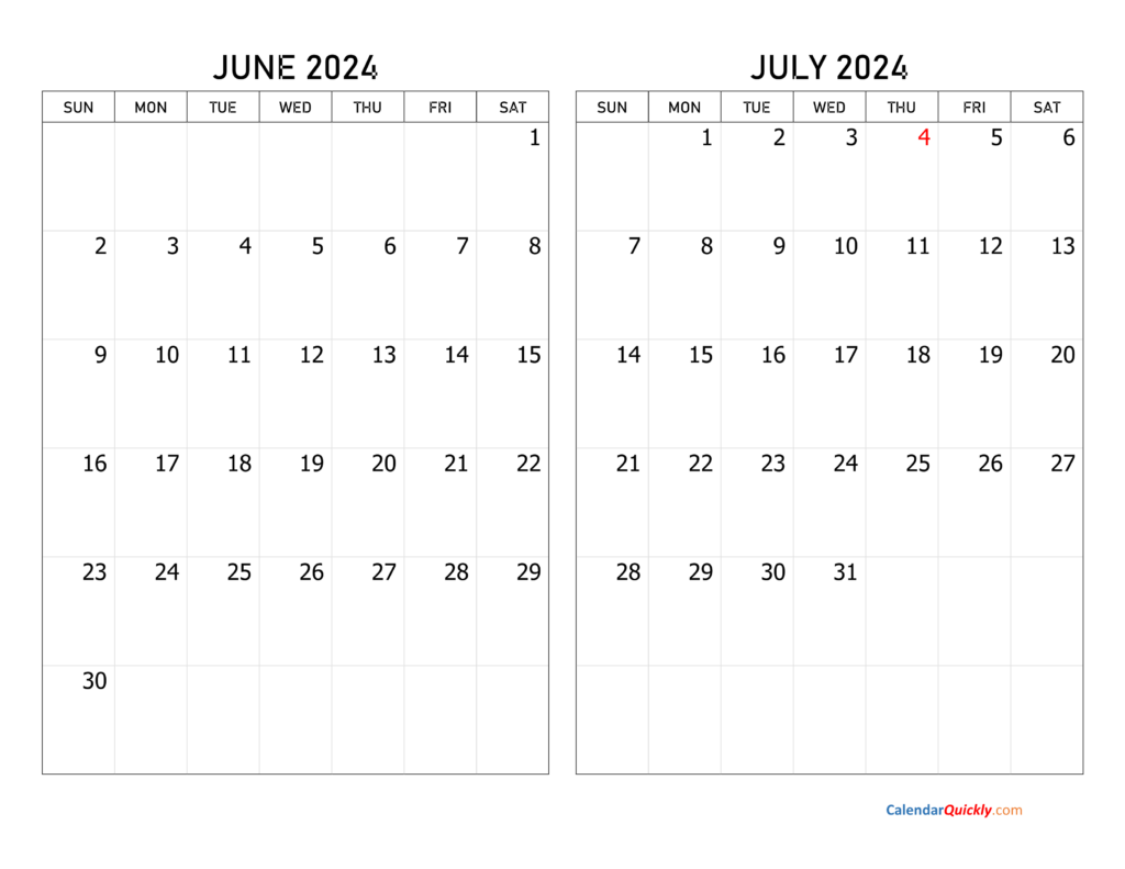 June And July 2024 Calendar Calendar Quickly