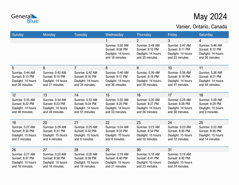 May 2024 Sunrise And Sunset Calendar For Vanier PDF Excel Word 