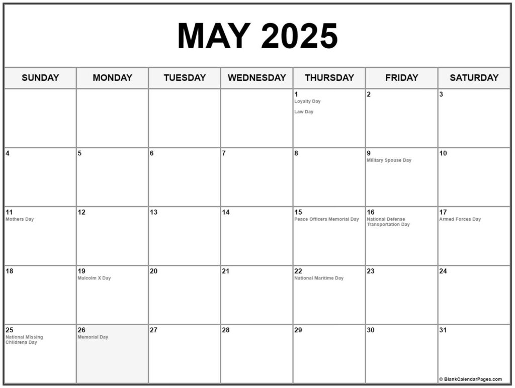 May 2025 With Holidays Calendar