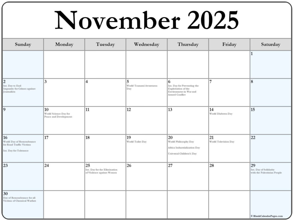 November 2025 With Holidays Calendar