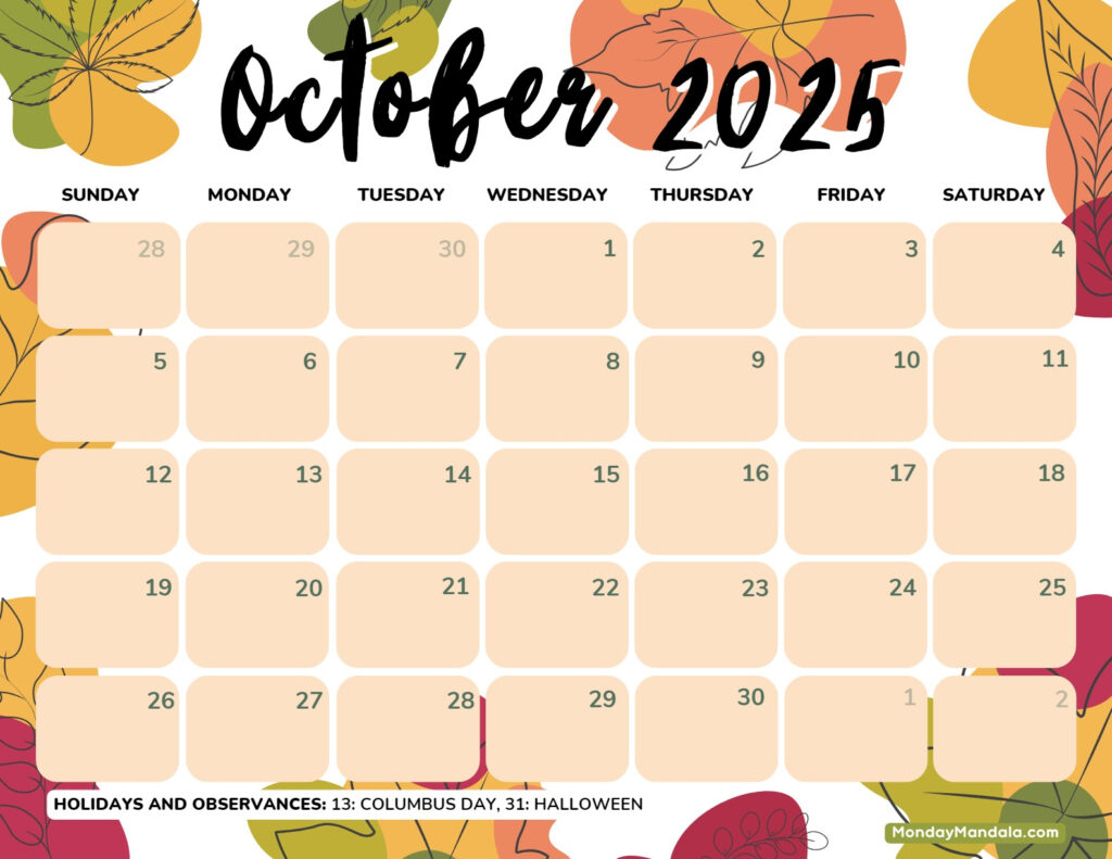 October 2025 Calendar Printable Pretty Printable Clarie Doralynn